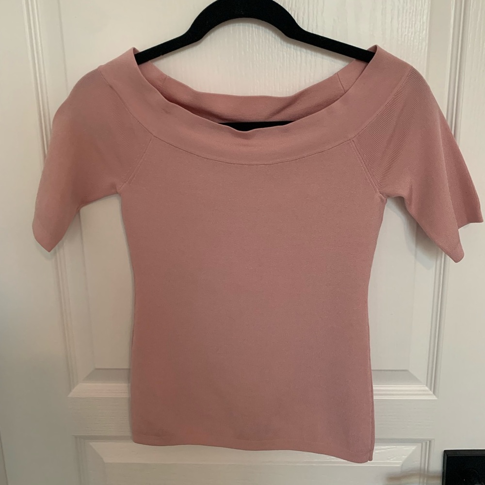 White House Black Market XS Pink Dusty Rose Boat Neck Stretchy Fitted Top